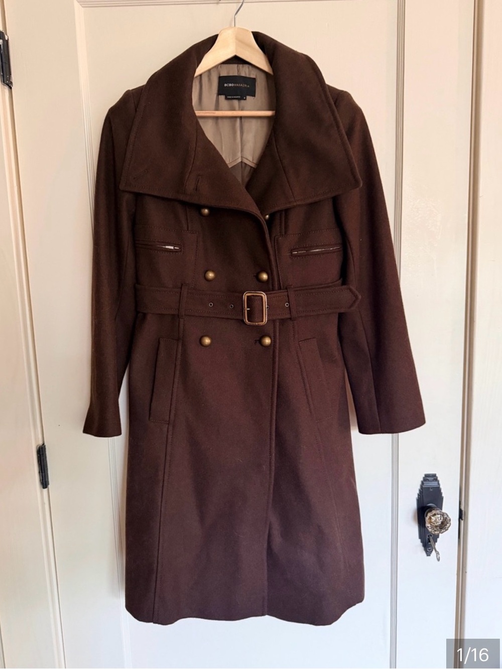 BCBGMaxAzria Chocolate Brown Double-Breasted Wool Trench Coat with Belt